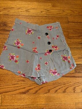 Flynn Skye Blue Stripe High-Waist Floral Button Shorts